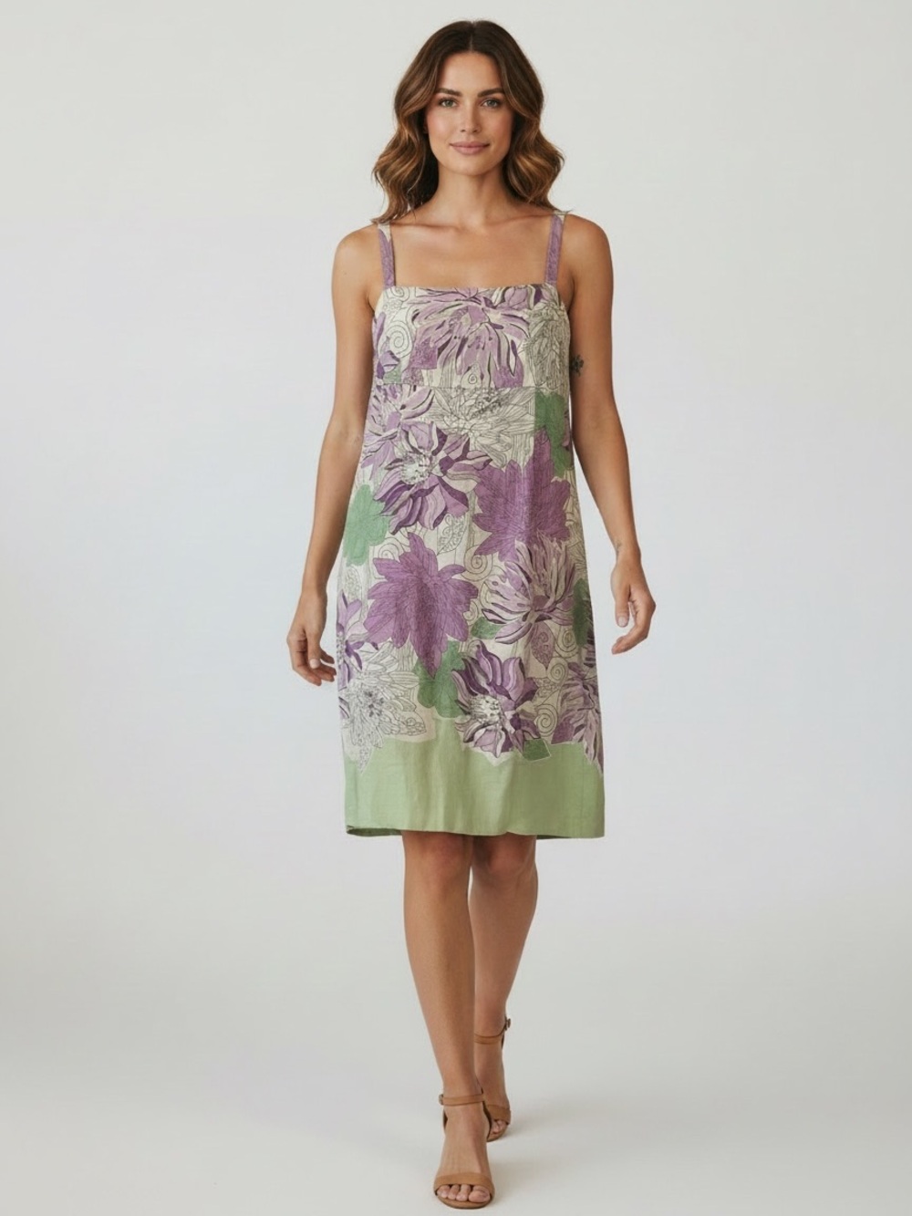 LOFT Lavender and Sage Floral Square-Neck Midi Linen Shift Dress
